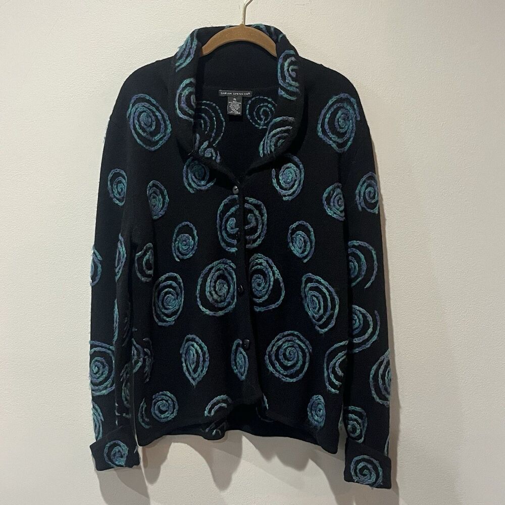 Sarah Spencer Cardigan Women’s XL Geometric Art Lambswool Sweater Black Blue